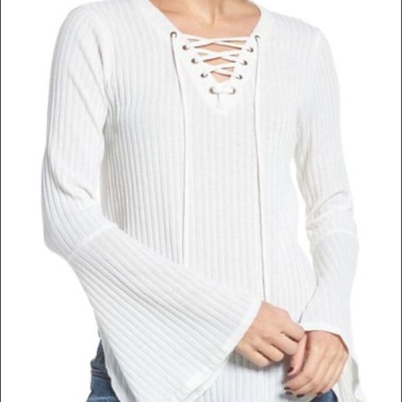Moon River Tops - Moon River White Ribbed Lace-Up Bell Sleeve Top Large